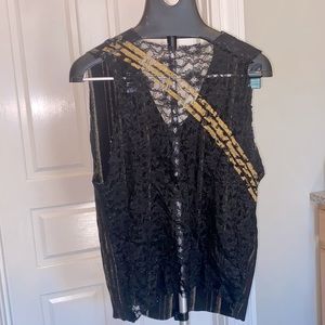 Heatherette Couture Runway handmade painted Lace back & Metallic striped Jersey
